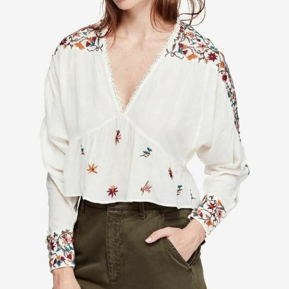 Free People Ava Embroidered Top White L NWT! $128